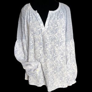 Lucky Brand Peasant Top, Large, Blue/White Crinkle Fabric